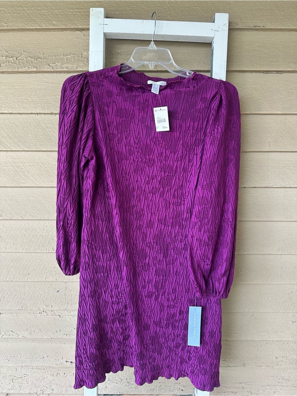 London Times Magenta Textured Long Sleeve Shift Dress